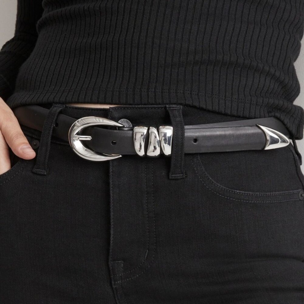 Madewell Black Leather Western Buckle Belt with Silver Hardware